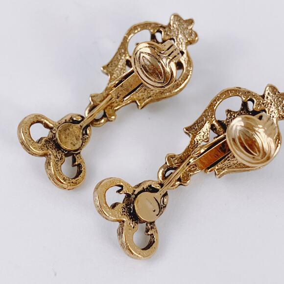 VTG Signed Coventry 1950s Earrings Faux Opal Green Rhinestone Gold Tone Clip On - Picture 8 of 9